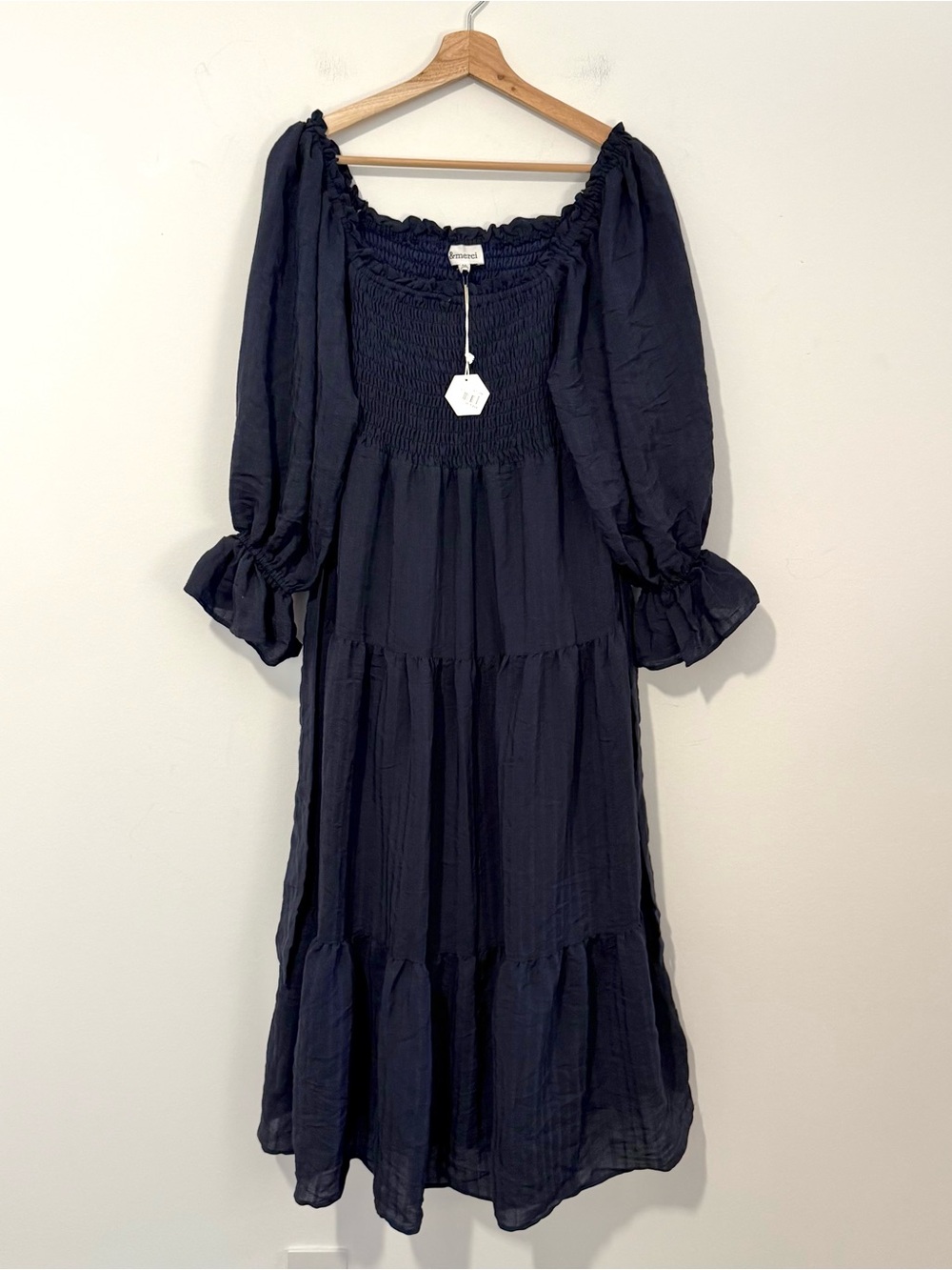 NWT &Merci Navy Smocked Off Shoulder Midi Dress Size M Puff Sleeve Tiered
